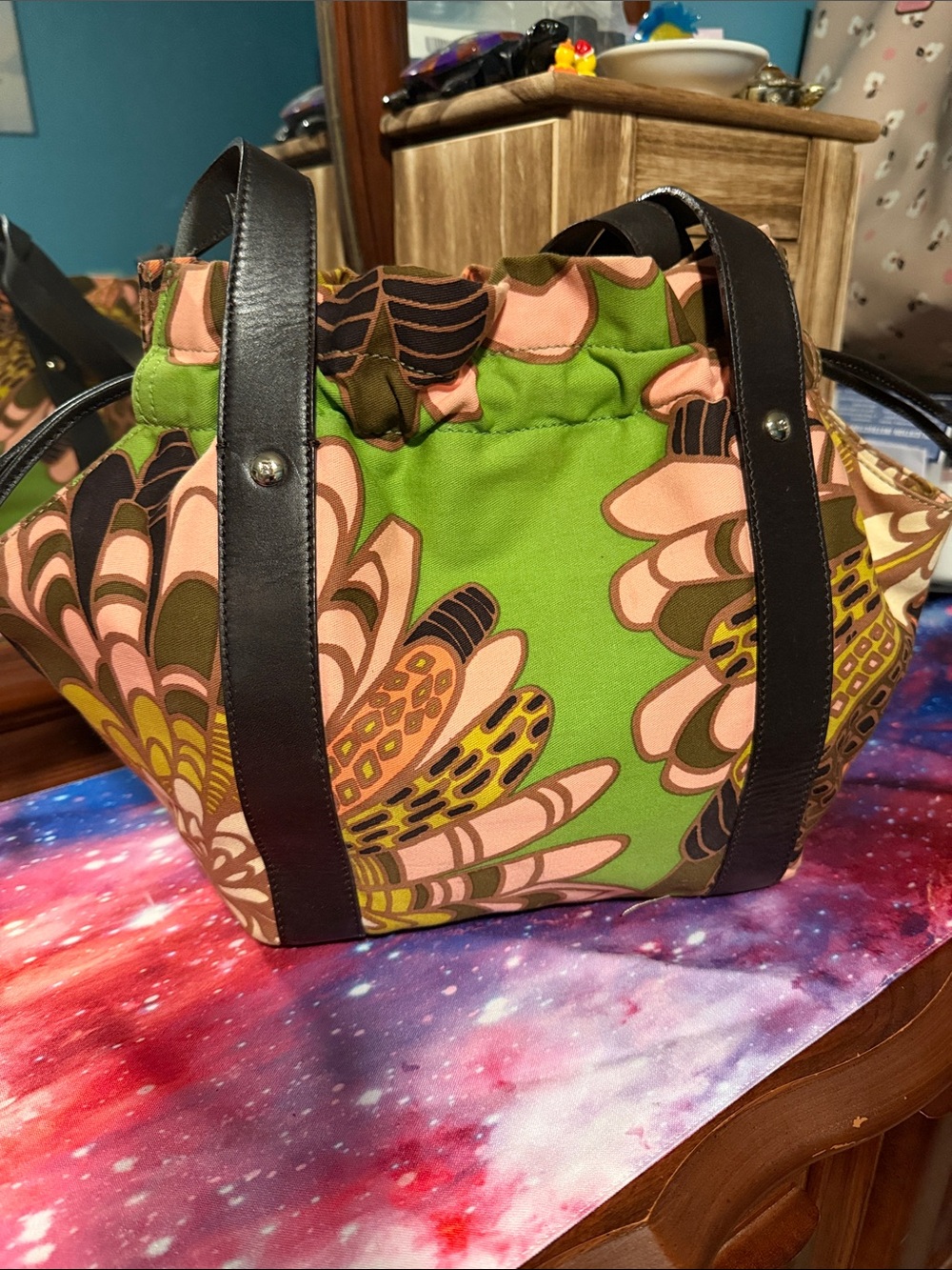 Vintage Kate Spade Green Floral Canvas Tote Bag with Black Straps